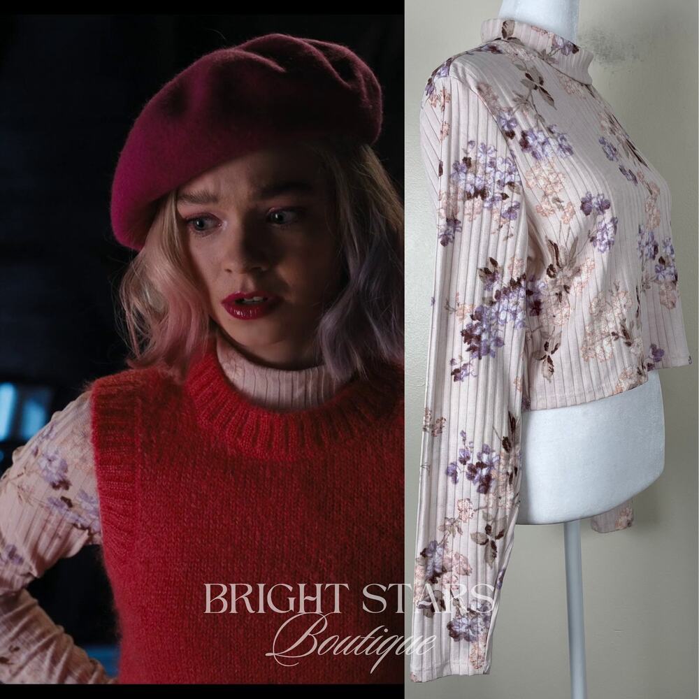 Rare Floral Cropped Mock Neck Ribbed Top Long Sleeve ASO Enid Sinclair Wednesday - Picture 3 of 11